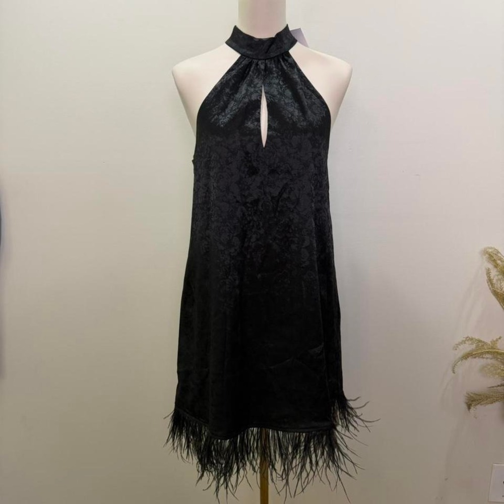 NWT WAYF Size XS Black Jacquard Halter Top Feather Trim Mini Dress